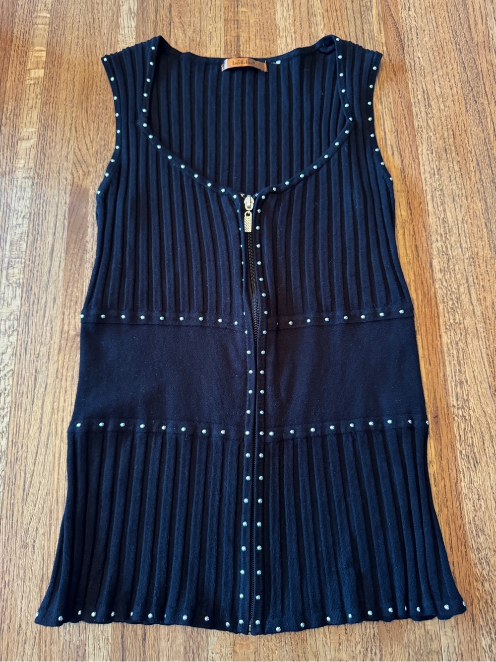 Belldini Black Ribbed Zip-Front Tank Top Studded Trim Y2K
